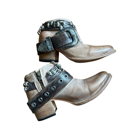 Freebird By Steven SALOON Taupe Tan Leather Western Belted Boots Womens Size 8 - Picture 7 of 16